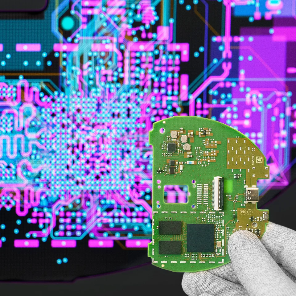 Cicor engineer holding a PCB in front of a screen displaying the PCB design