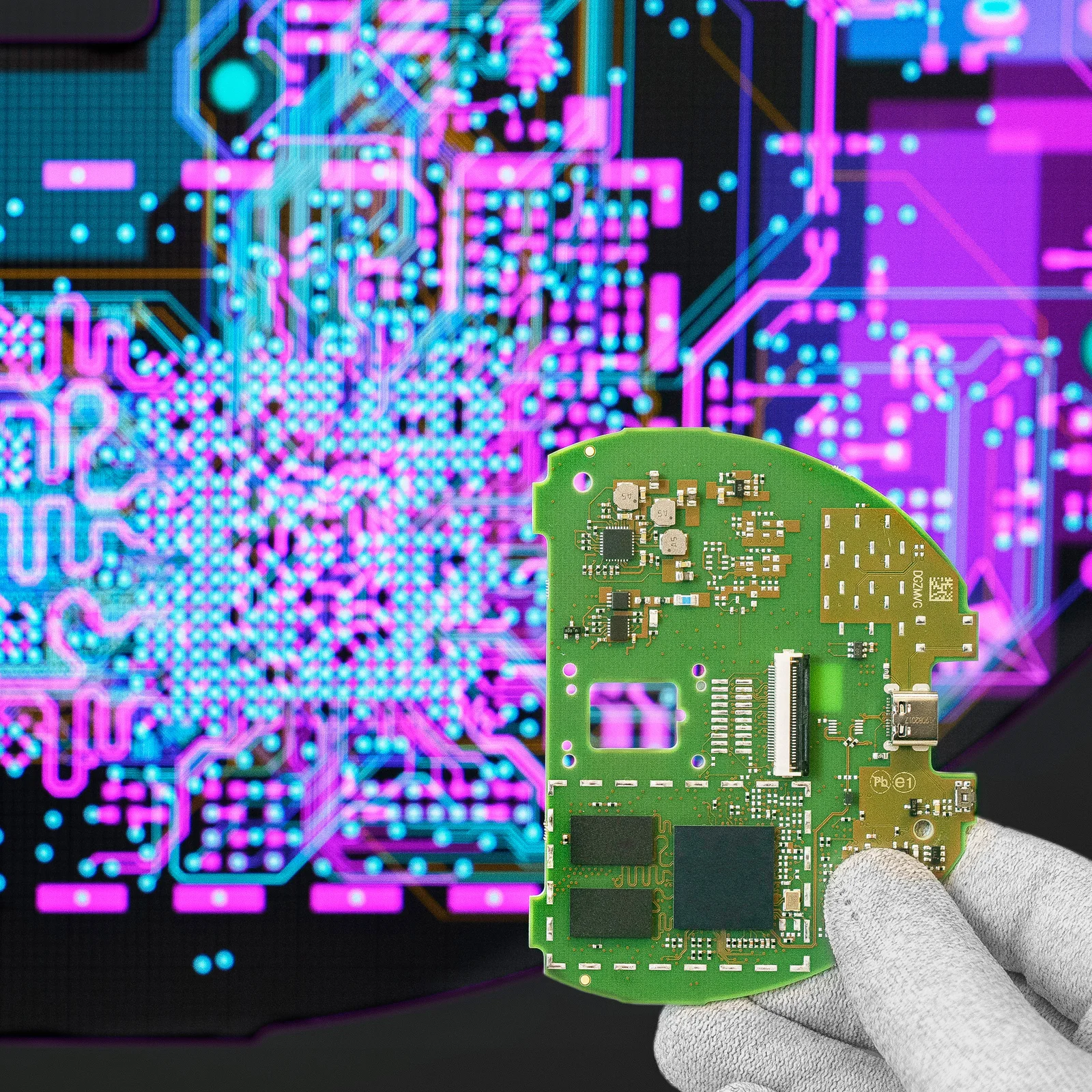 Cicor engineer holding a PCB in front of a screen displaying the PCB design