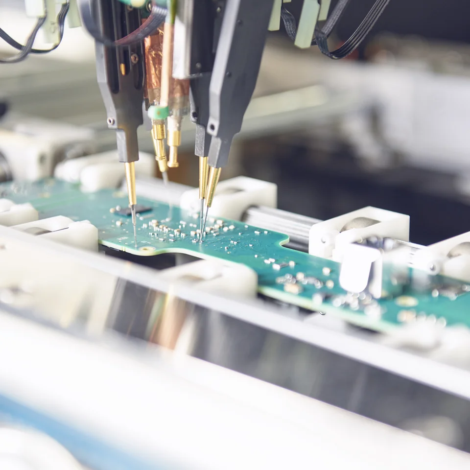 Close-up of a flying probe test at the Cicor site in Bronschhofen
